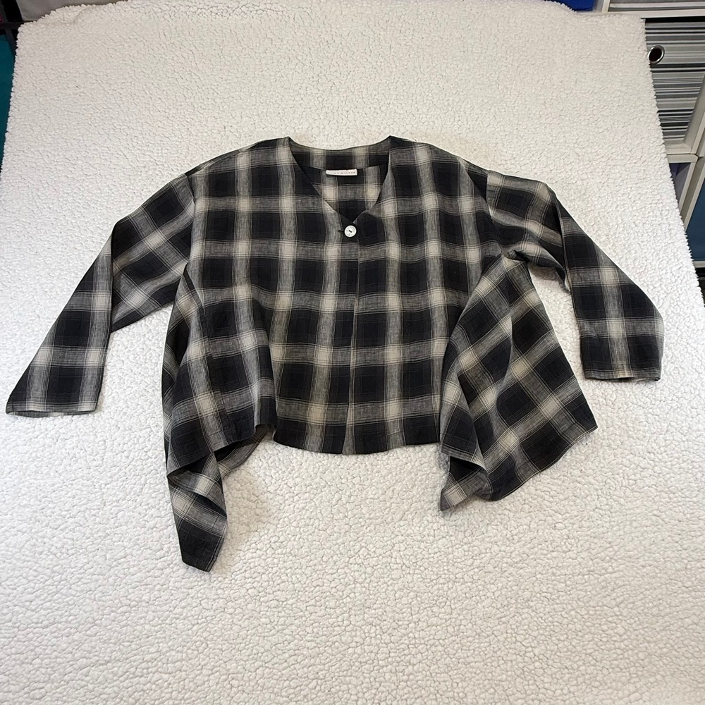 Bryn Walker Womens‎ Black Grey Plaid Linen Asymmetric Hem Button Front Blouse